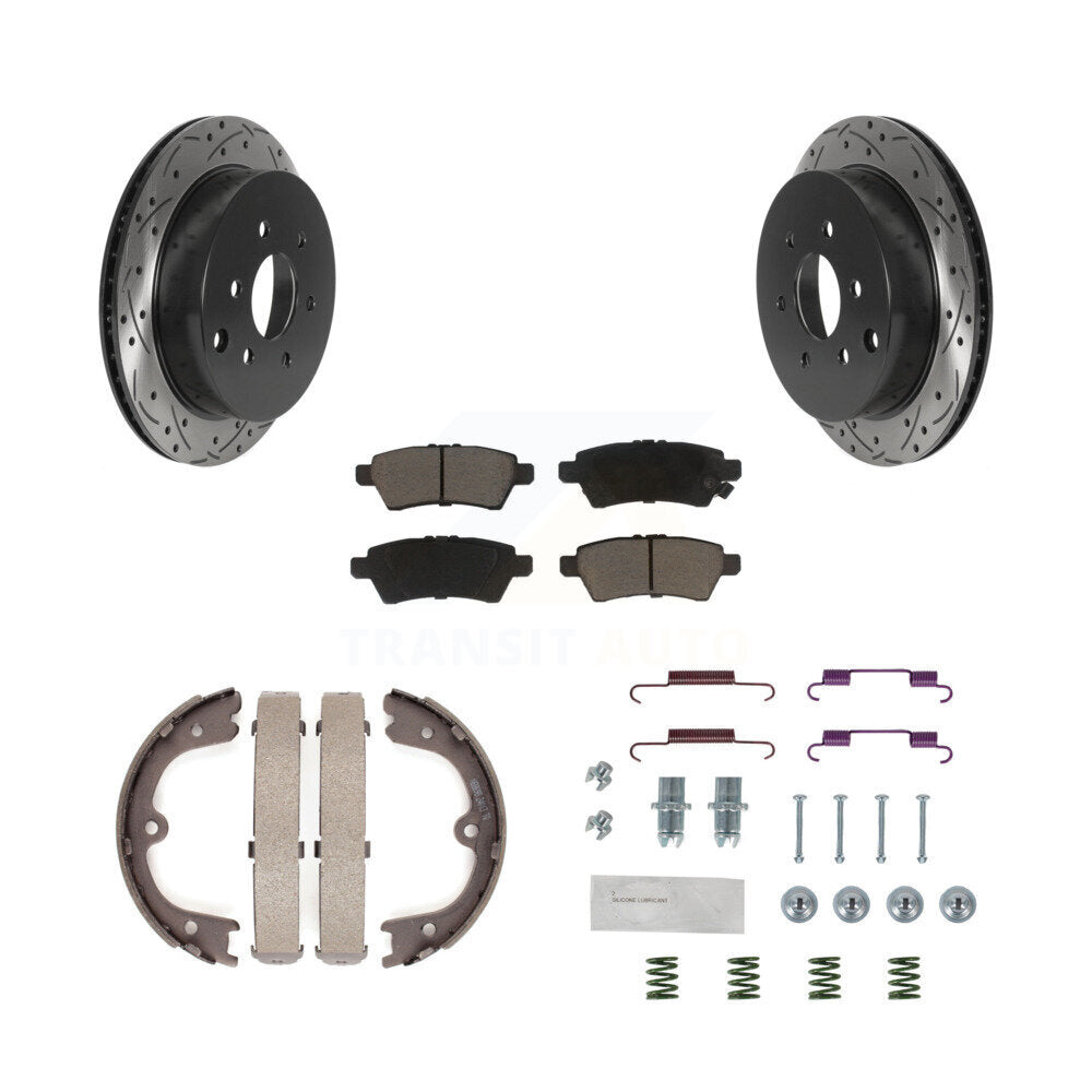 Rear Disc Drilled & Slotted Rotors Ceramic Pads Parking Brake Shoes And Hardware Kit For KDC-101537