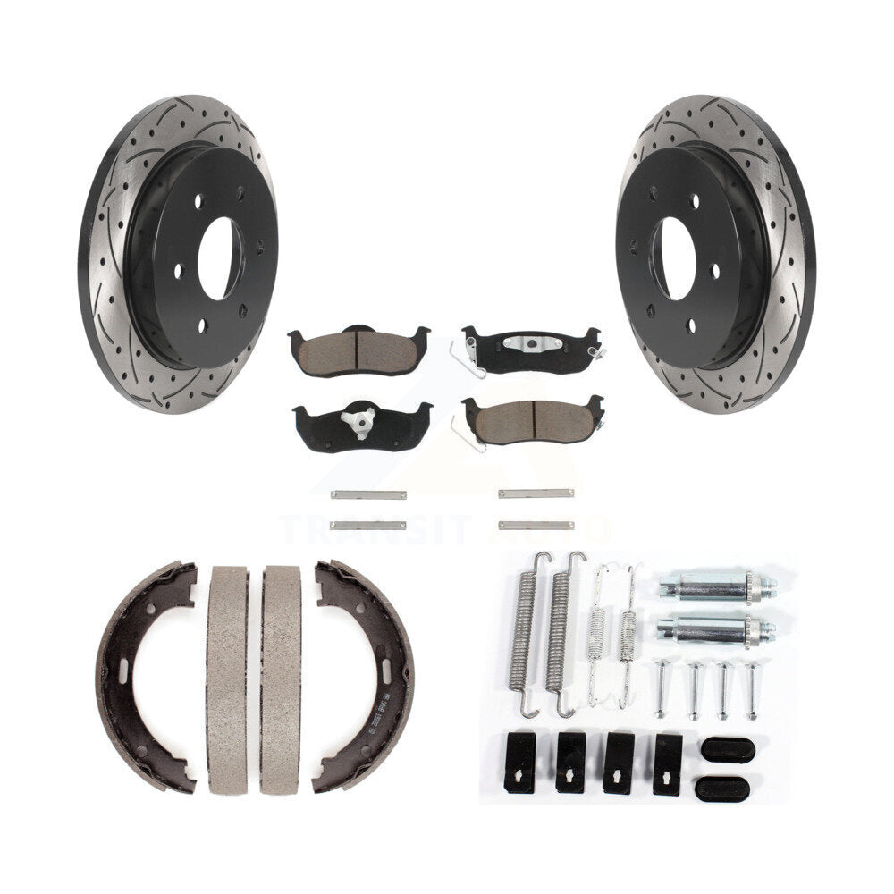Rear Disc Drilled & Slotted Rotors Ceramic Pads Parking Shoes And Hardware Kit For Nissan KDC-101538