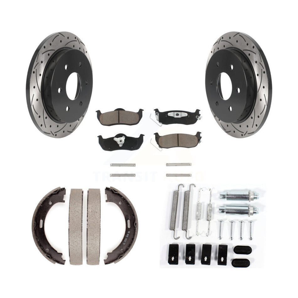 Rear Disc Drilled & Slotted Rotors Ceramic Pads Parking Shoes And Hardware Kit For Nissan KDC-101538