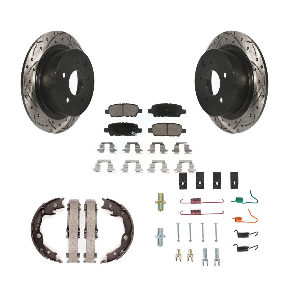 Rear Disc Drilled & Slotted Rotors Ceramic Pads Parking Shoes And Hardware Kit For Nissan KDC-101541