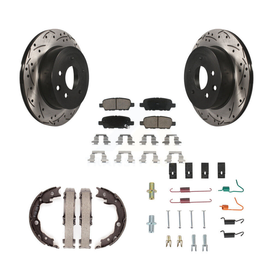 Rear Disc Drilled & Slotted Rotors Ceramic Pads Parking Shoes And Hardware Kit For Nissan KDC-101542