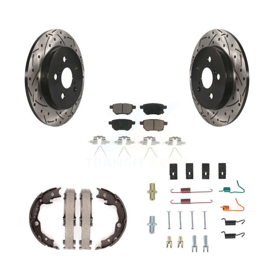 Rear Disc Drilled & Slotted Rotors Ceramic Pads Parking Shoes And Hardware Kit For Toyota KDC-101544