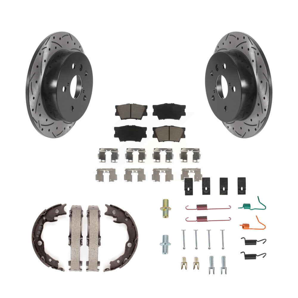 Rear Disc Drilled & Slotted Rotors Ceramic Pads Parking Brake Shoes And Hardware Kit For KDC-101545