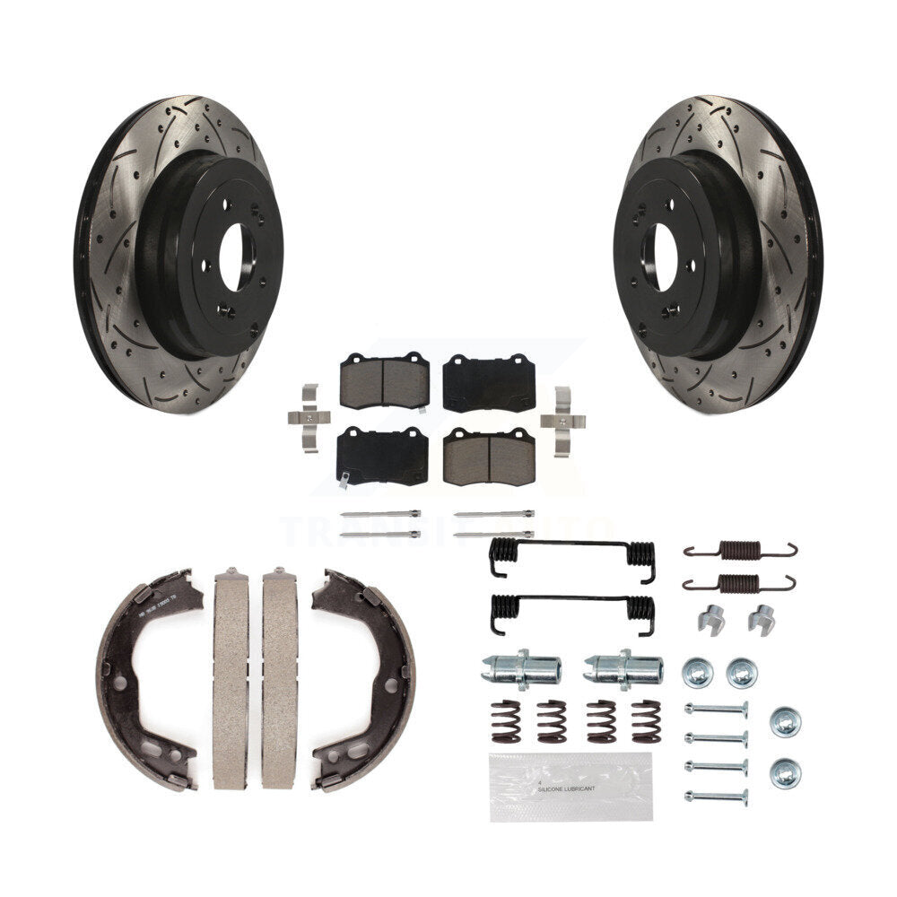 Rear Disc Drilled & Slotted Rotors Ceramic Pads Parking Brake Shoes And Hardware Kit For KDC-101547
