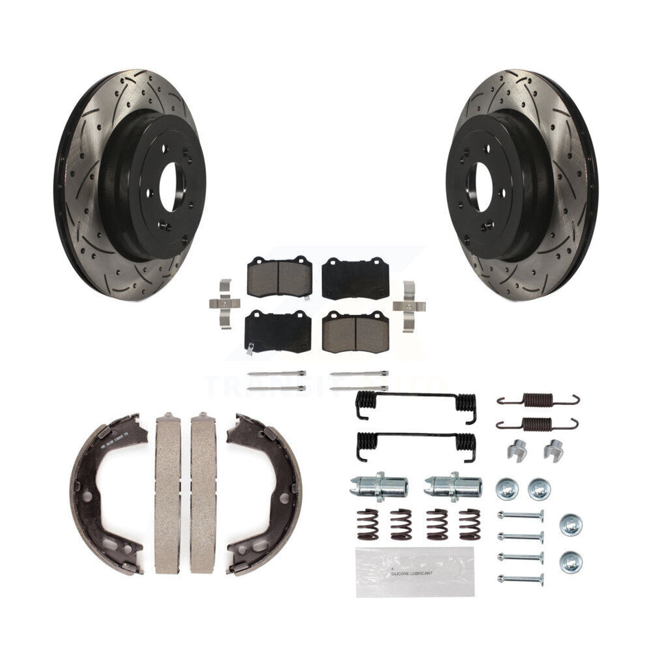 Rear Disc Drilled & Slotted Rotors Ceramic Pads Parking Brake Shoes And Hardware Kit For KDC-101547