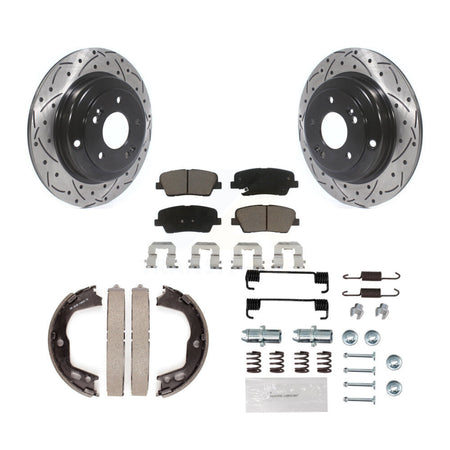 Rear Disc Drilled & Slotted Rotors Ceramic Pads Parking Brake Shoes And Hardware Kit For KDC-101548