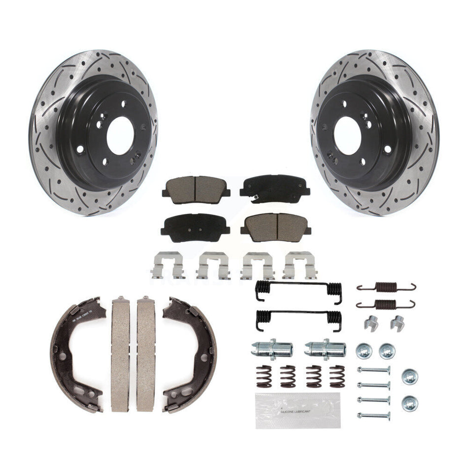 Rear Disc Drilled & Slotted Rotors Ceramic Pads Parking Brake Shoes And Hardware Kit For KDC-101548