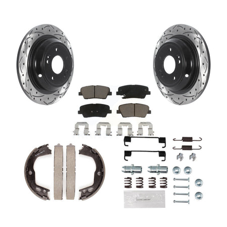 Rear Disc Drilled & Slotted Rotors Ceramic Pads Parking Brake Shoes And Hardware Kit For KDC-101549