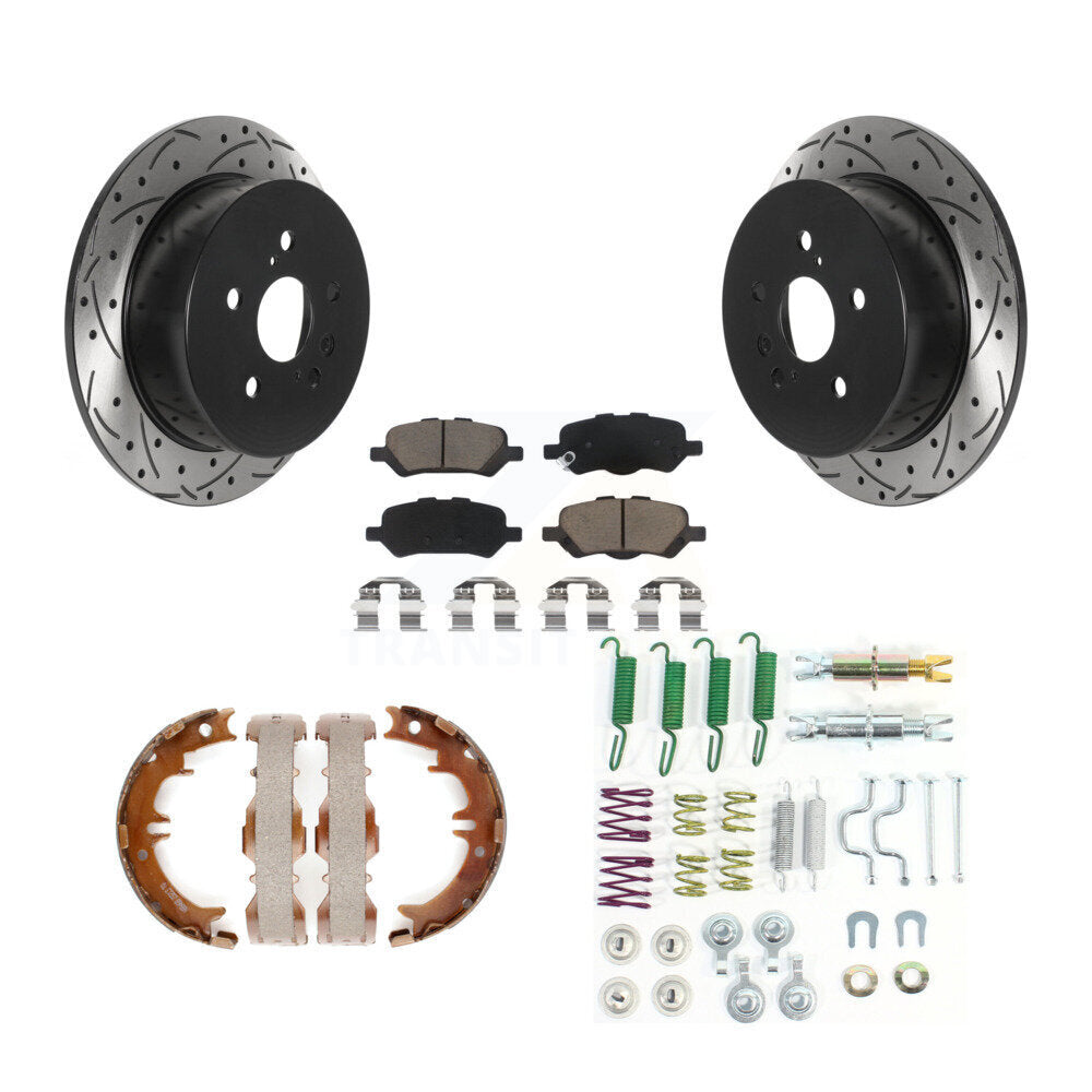 Rear Disc Drilled & Slotted Rotors Ceramic Pads Parking Brake Shoes And Hardware Kit For KDC-101550