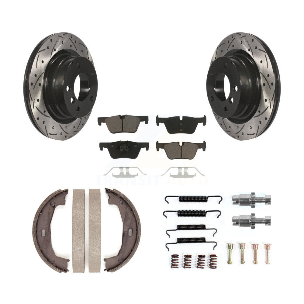 Rear Disc Drilled & Slotted Rotors Ceramic Pads Parking Shoes Hardware Kit For BMW 328i KDC-101551