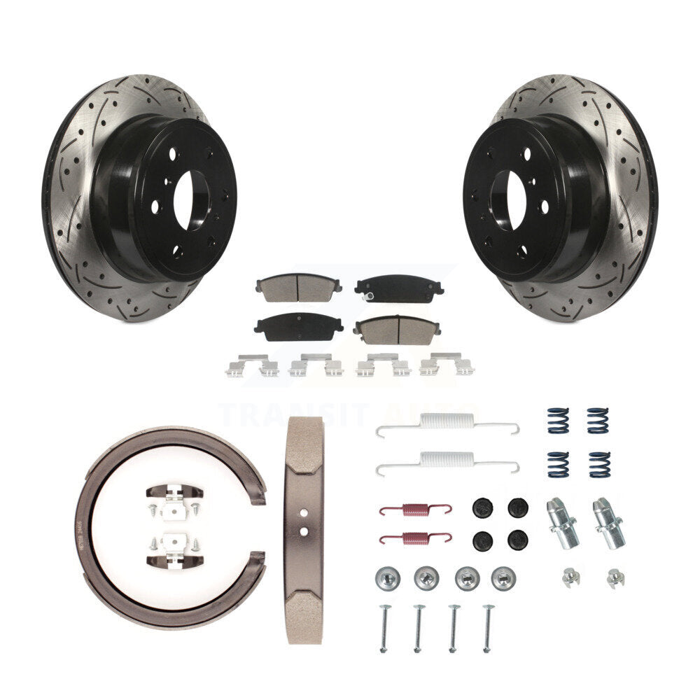 Rear Disc Drilled & Slotted Rotors Ceramic Pads Parking Shoes Hardware Kit For GMC Sierra KDC-101554
