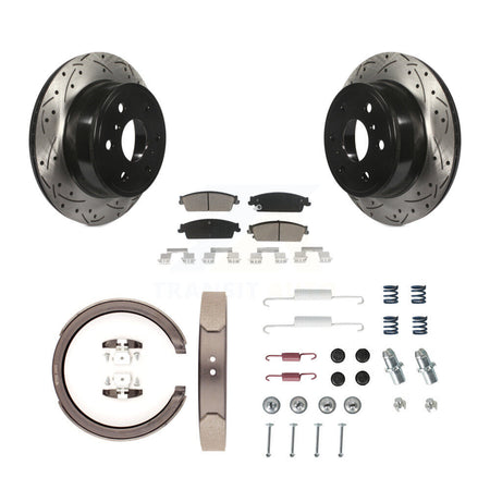 Rear Disc Drilled & Slotted Rotors Ceramic Pads Parking Shoes Hardware Kit For GMC Sierra KDC-101554