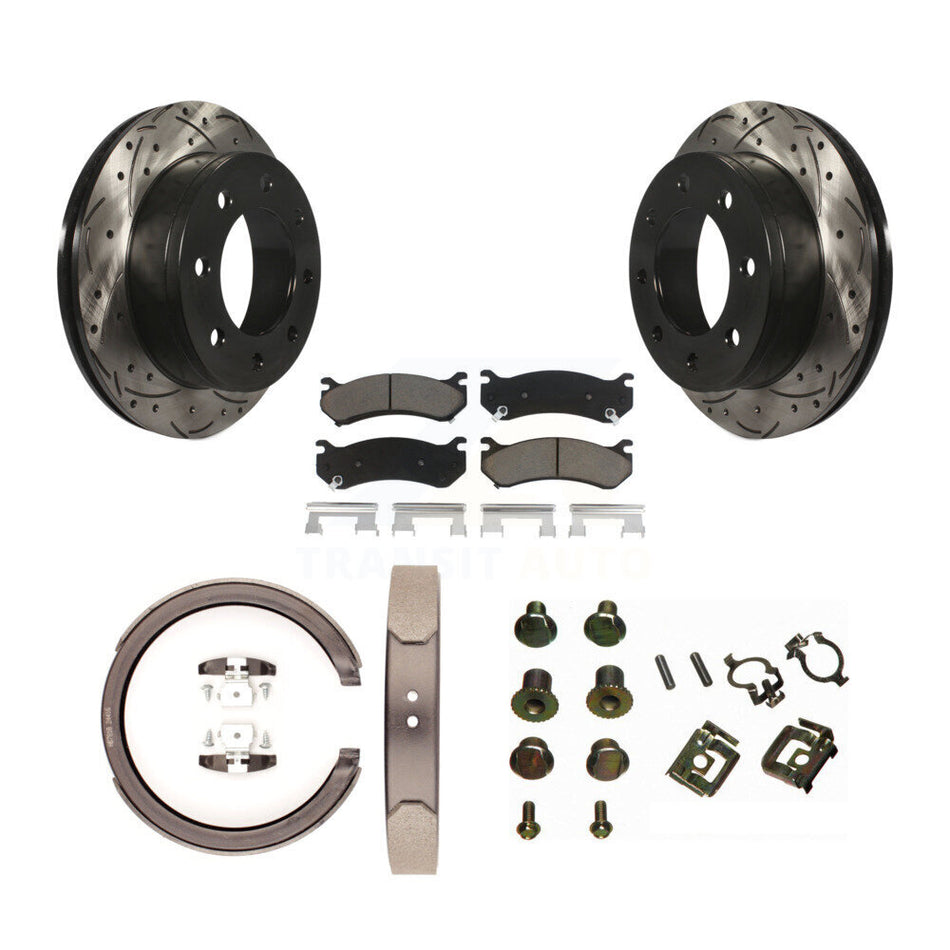 Rear Disc Drilled & Slotted Rotors Ceramic Pads Parking Shoes Hardware Kit For GMC Sierra KDC-101560