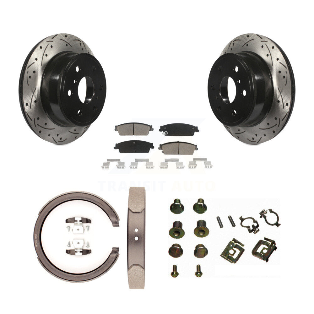 Rear Disc Drilled & Slotted Rotors Ceramic Pads Parking Shoes Hardware Kit For Chevrolet KDC-101561