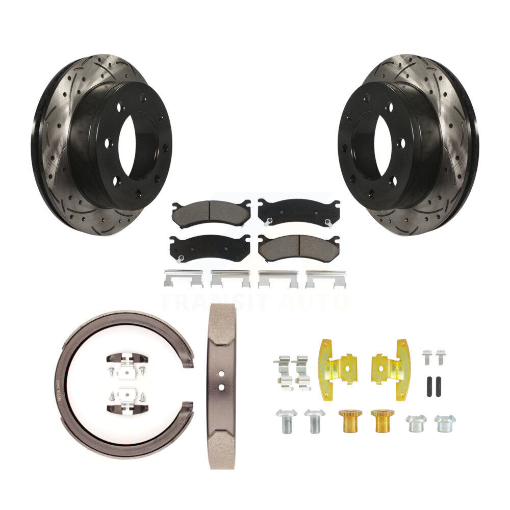 Rear Disc Drilled & Slotted Rotors Ceramic Pads Parking Shoes Hardware Kit For Chevrolet KDC-101562
