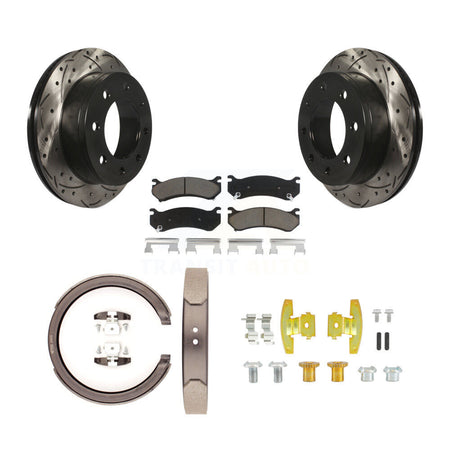 Rear Disc Drilled & Slotted Rotors Ceramic Pads Parking Shoes Hardware Kit For Chevrolet KDC-101562