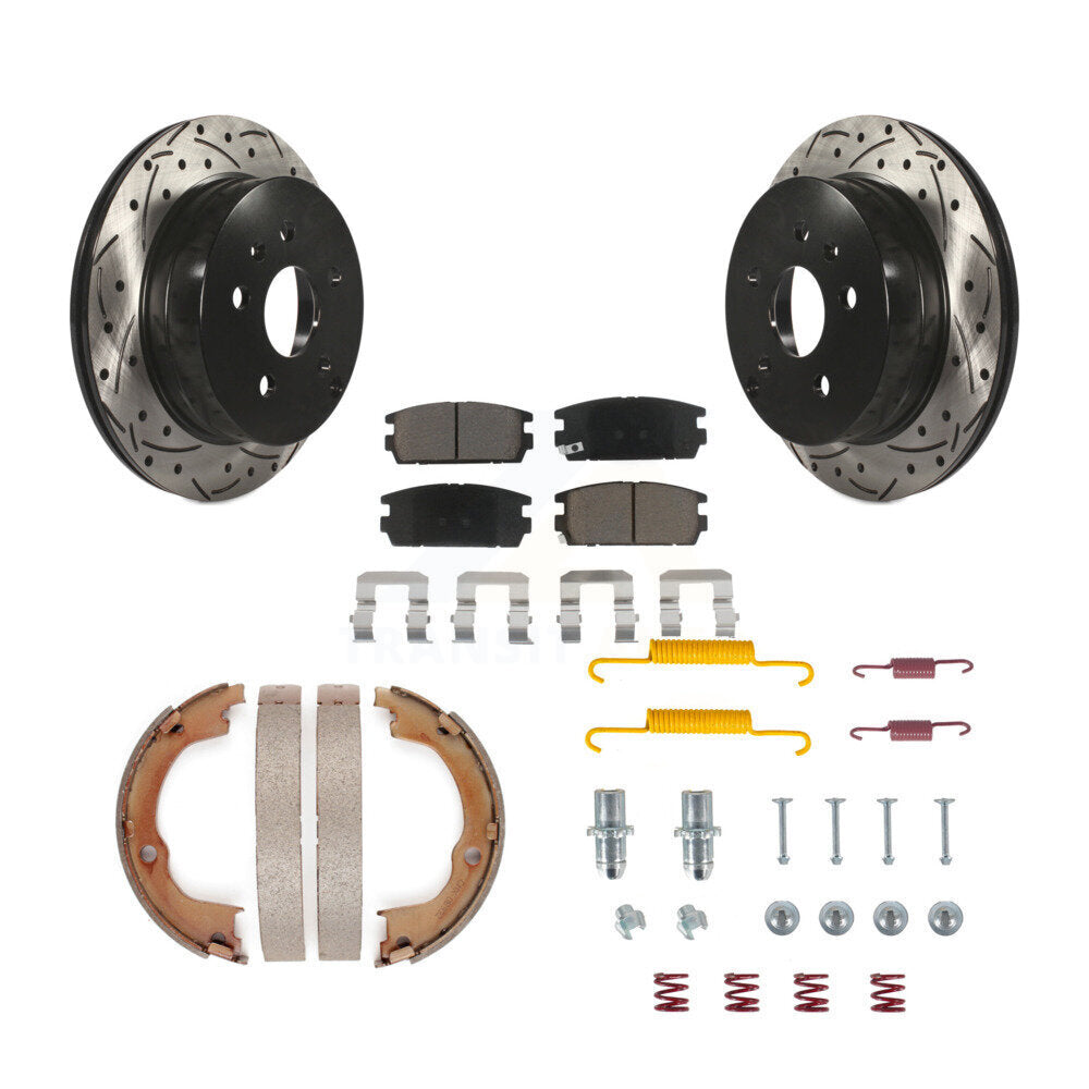 Rear Disc Drilled & Slotted Rotors Ceramic Pads Parking Shoes Hardware Kit For Chevrolet KDC-101565
