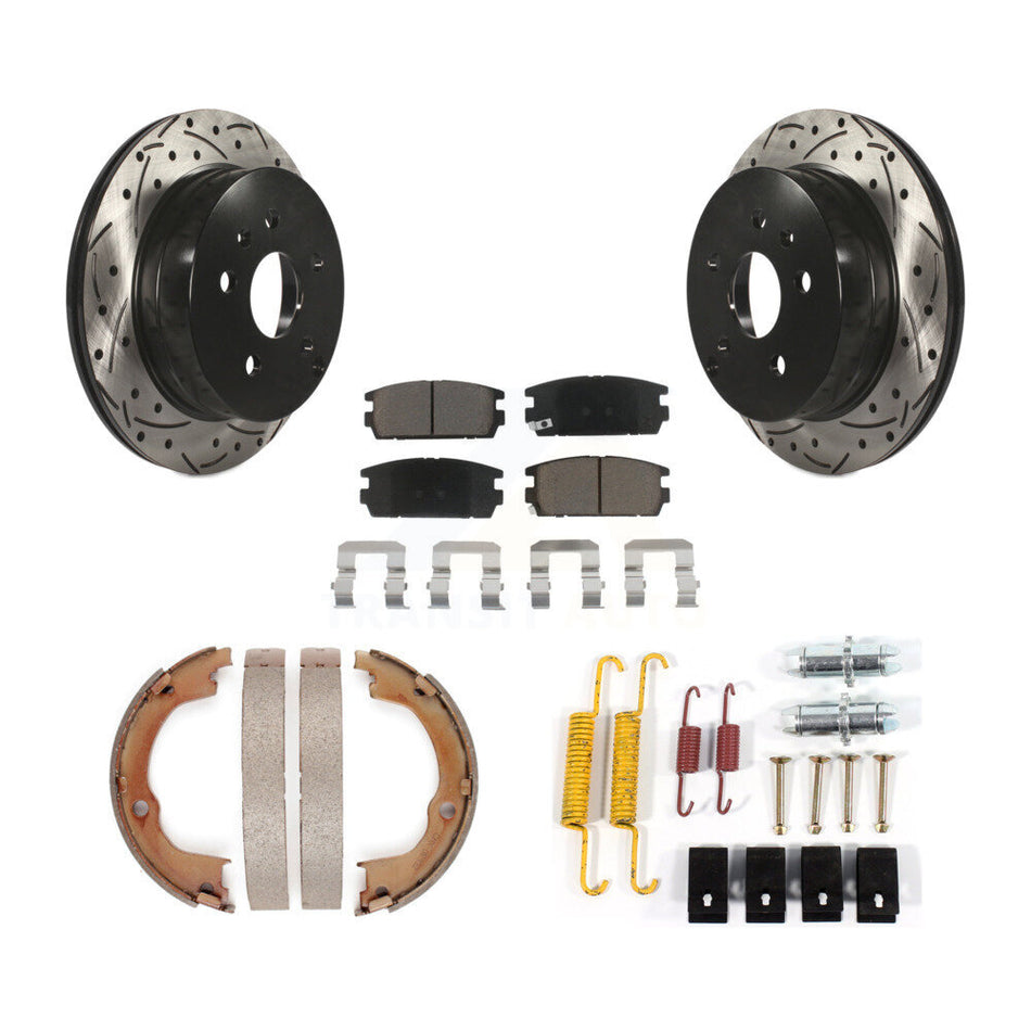 Rear Disc Drilled & Slotted Rotors Ceramic Pads Parking Shoes Hardware Kit For Chevrolet KDC-101566
