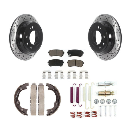 Rear Disc Drilled & Slotted Rotors Ceramic Pads Parking Brake Shoes And Hardware Kit For KDC-101567