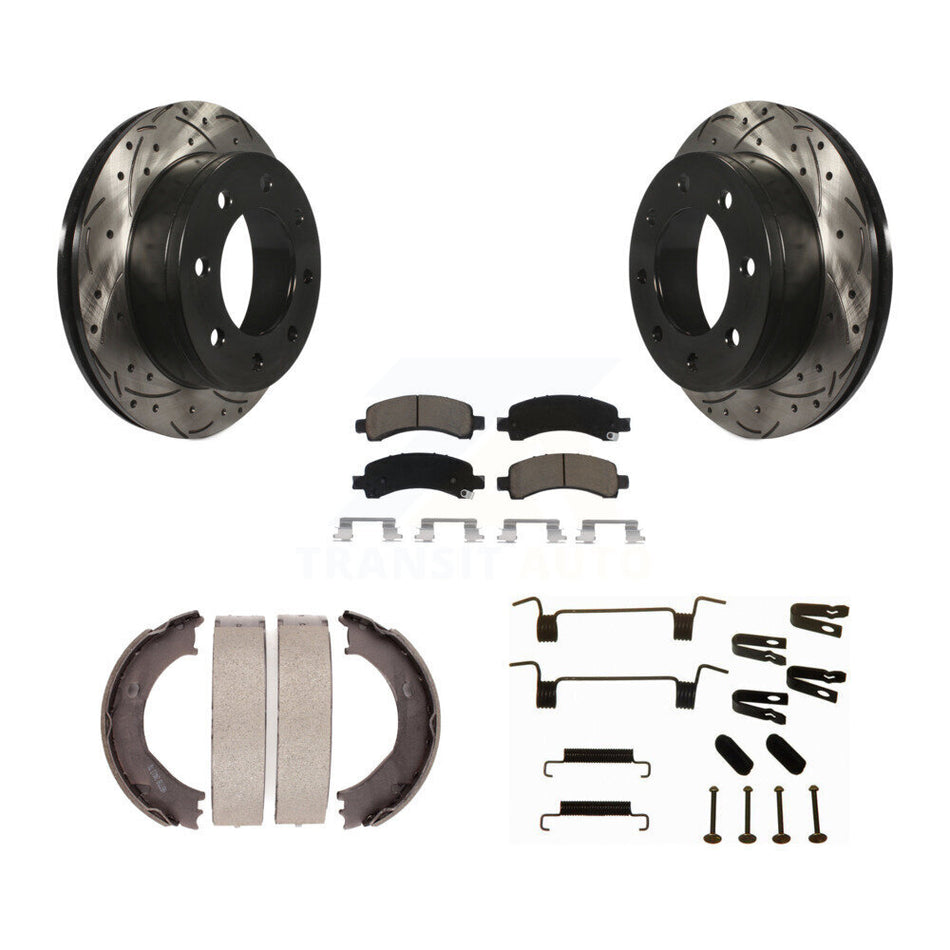 Rear Disc Drilled & Slotted Rotors Ceramic Pads Parking Shoes Hardware Kit For Chevrolet KDC-101572