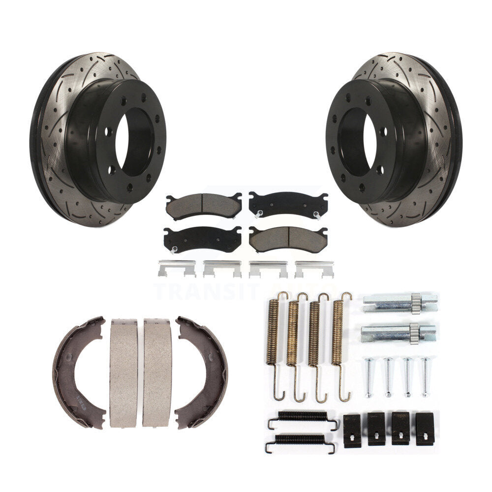Rear Disc Drilled & Slotted Rotors Ceramic Pads Parking Shoes Hardware Kit For GMC Sierra KDC-101574