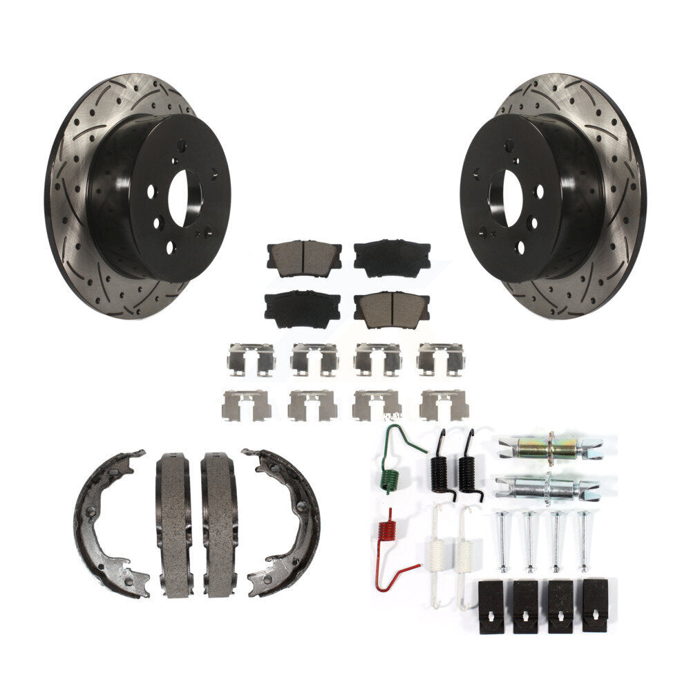 Rear Disc Drilled & Slotted Rotors Ceramic Pads Parking Shoes And Hardware Kit For Toyota KDC-101576