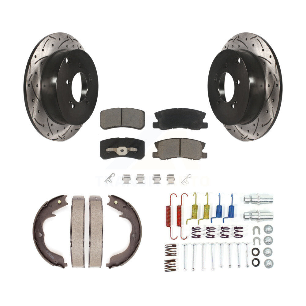 Rear Disc Drilled & Slotted Rotors Ceramic Pads Parking Shoes Hardware Kit For Mitsubishi KDC-101580