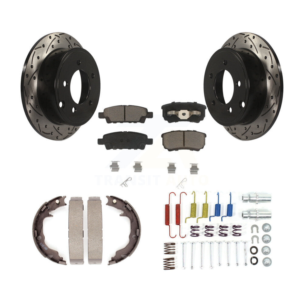 Rear Disc Drilled & Slotted Rotors Ceramic Pads Parking Brake Shoes And Hardware Kit For KDC-101581