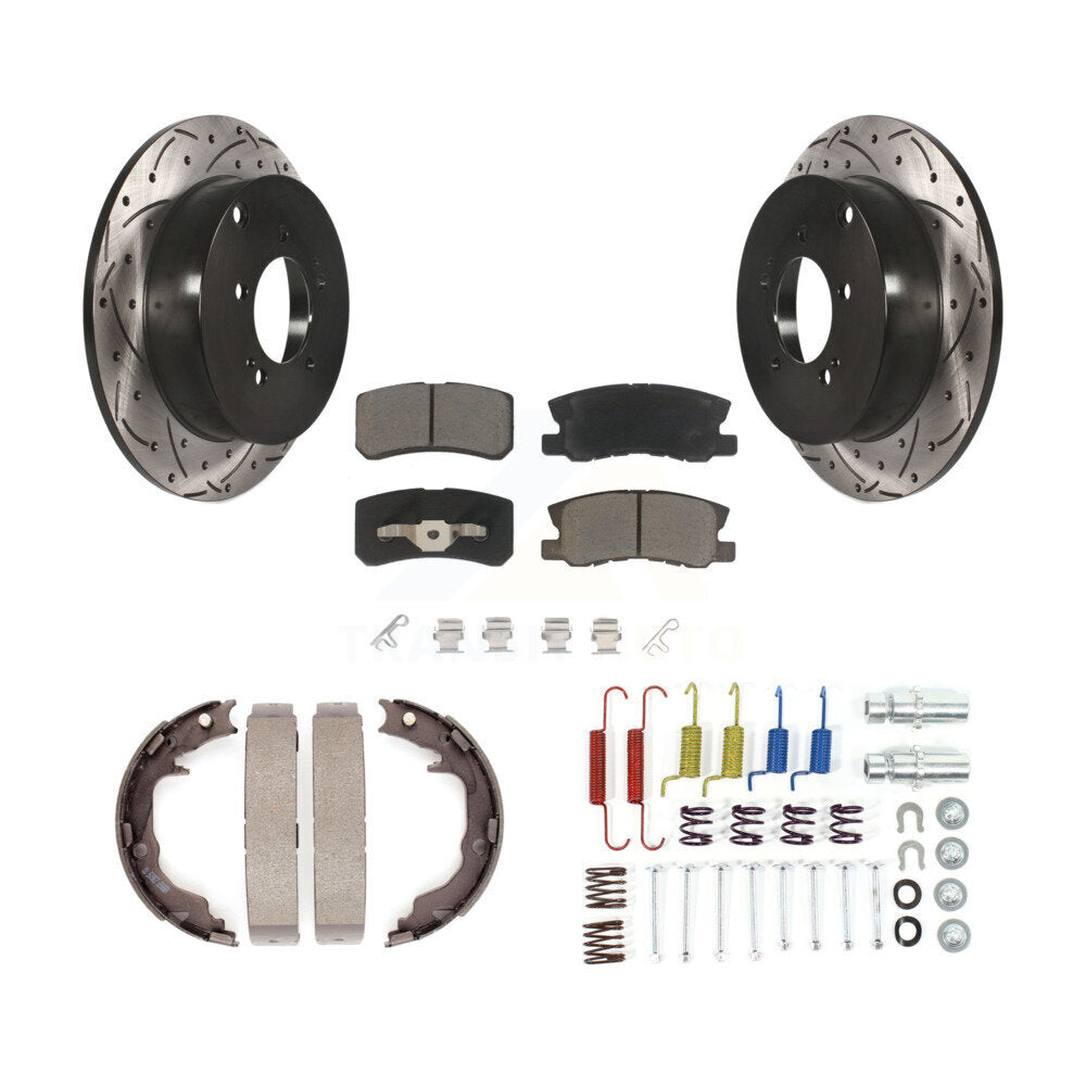 Rear Disc Drilled & Slotted Rotors Ceramic Pads Parking Brake Shoes And Hardware Kit For KDC-101582