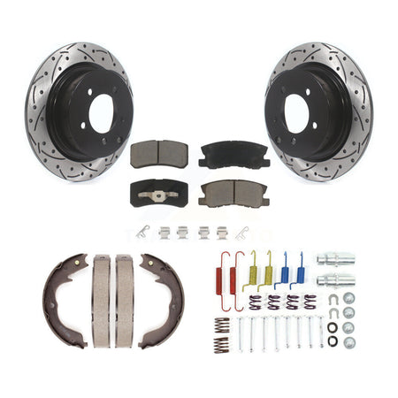 Rear Disc Drilled & Slotted Rotors Ceramic Pads Parking Brake Shoes And Hardware Kit For KDC-101583