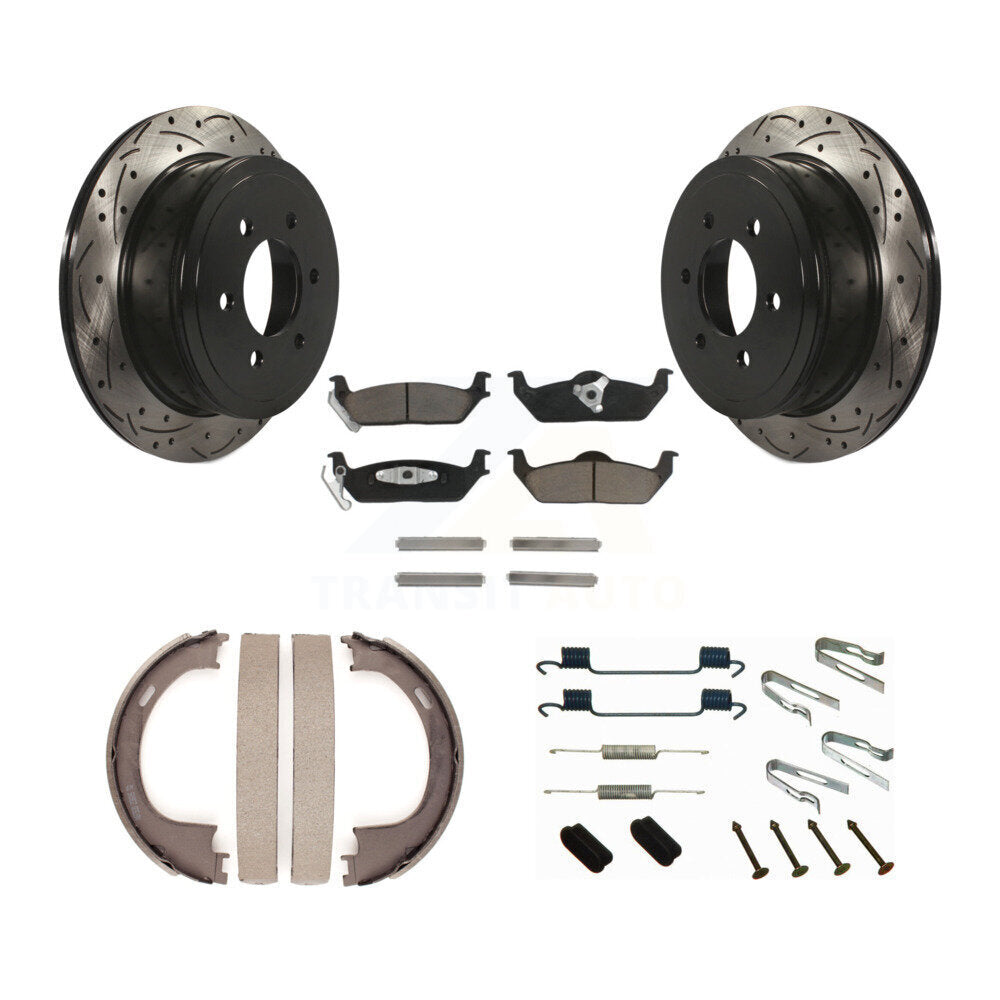 Rear Disc Drilled & Slotted Rotors Ceramic Pads Parking Shoes Hardware Kit For Ford F-150 KDC-101584