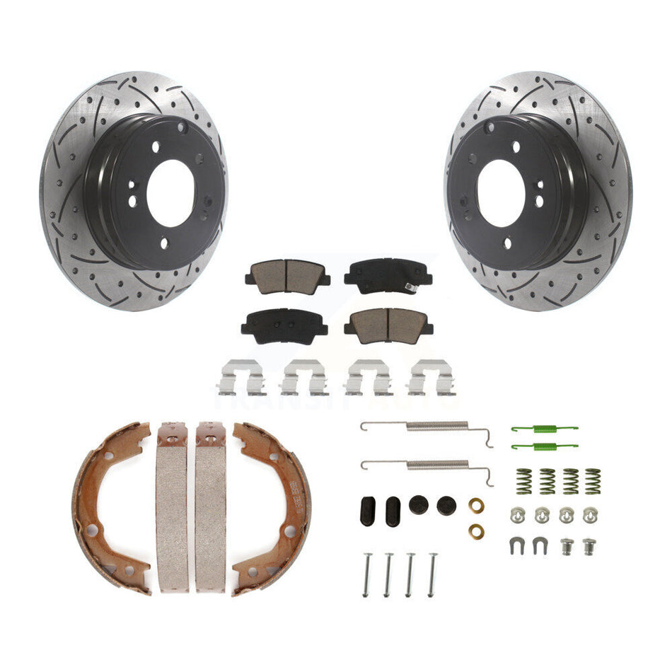 Rear Disc Drilled & Slotted Rotors Ceramic Pads Parking Brake Shoes And Hardware Kit For KDC-101589