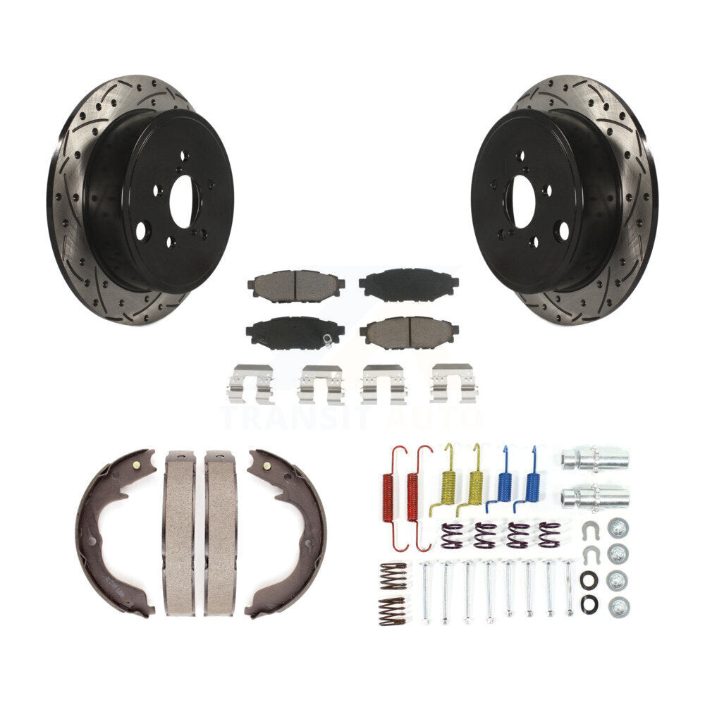 Rear Disc Drilled & Slotted Rotors Ceramic Pads Parking Shoes And Hardware Kit For Subaru KDC-101591