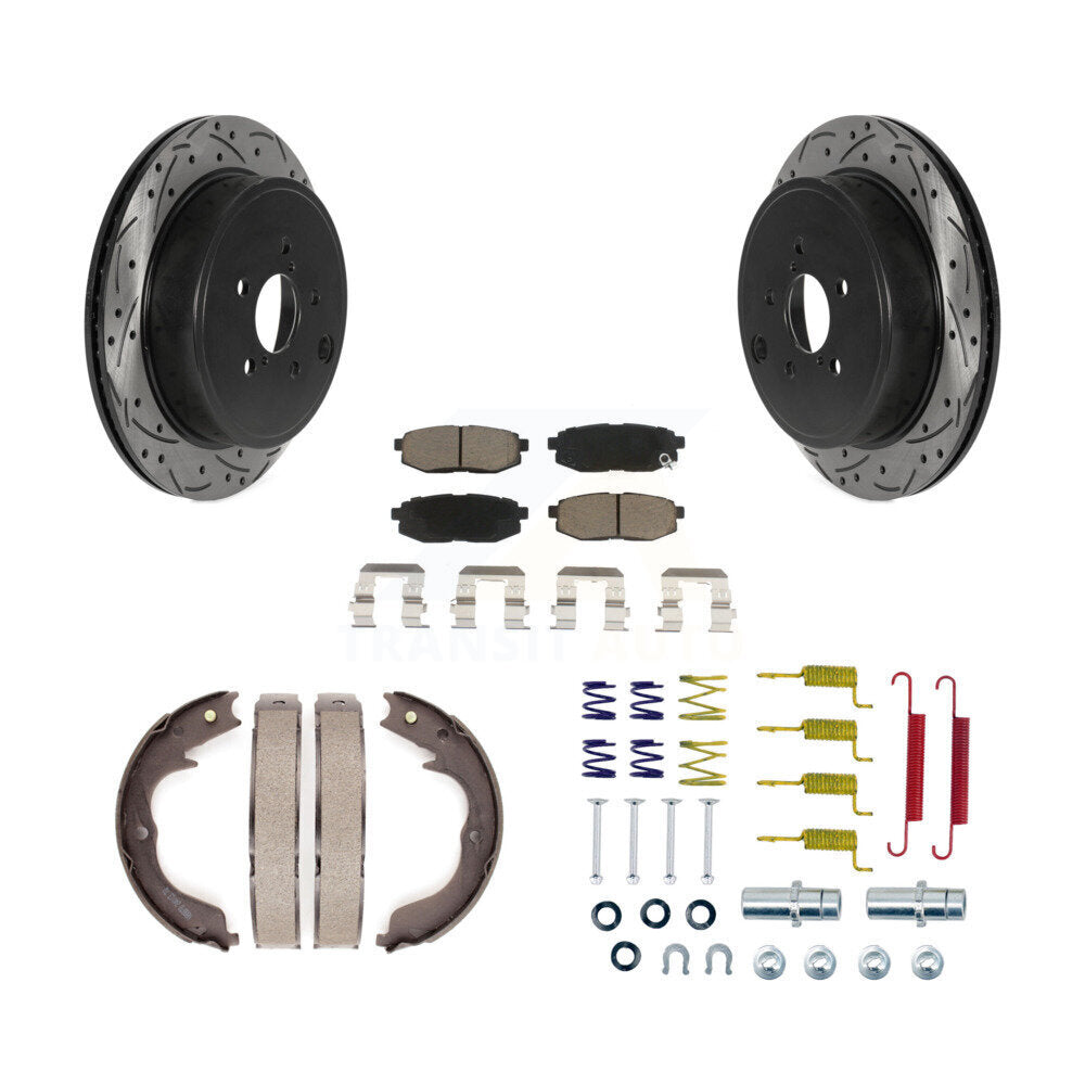 Rear Disc Drilled & Slotted Rotors Ceramic Pads Parking Shoes And Hardware Kit For Subaru KDC-101593