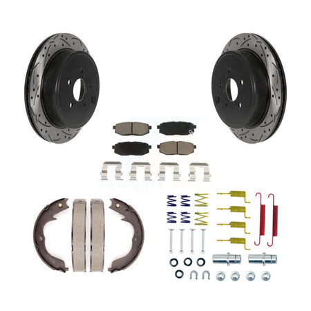 Rear Disc Drilled & Slotted Rotors Ceramic Pads Parking Shoes And Hardware Kit For Subaru KDC-101593