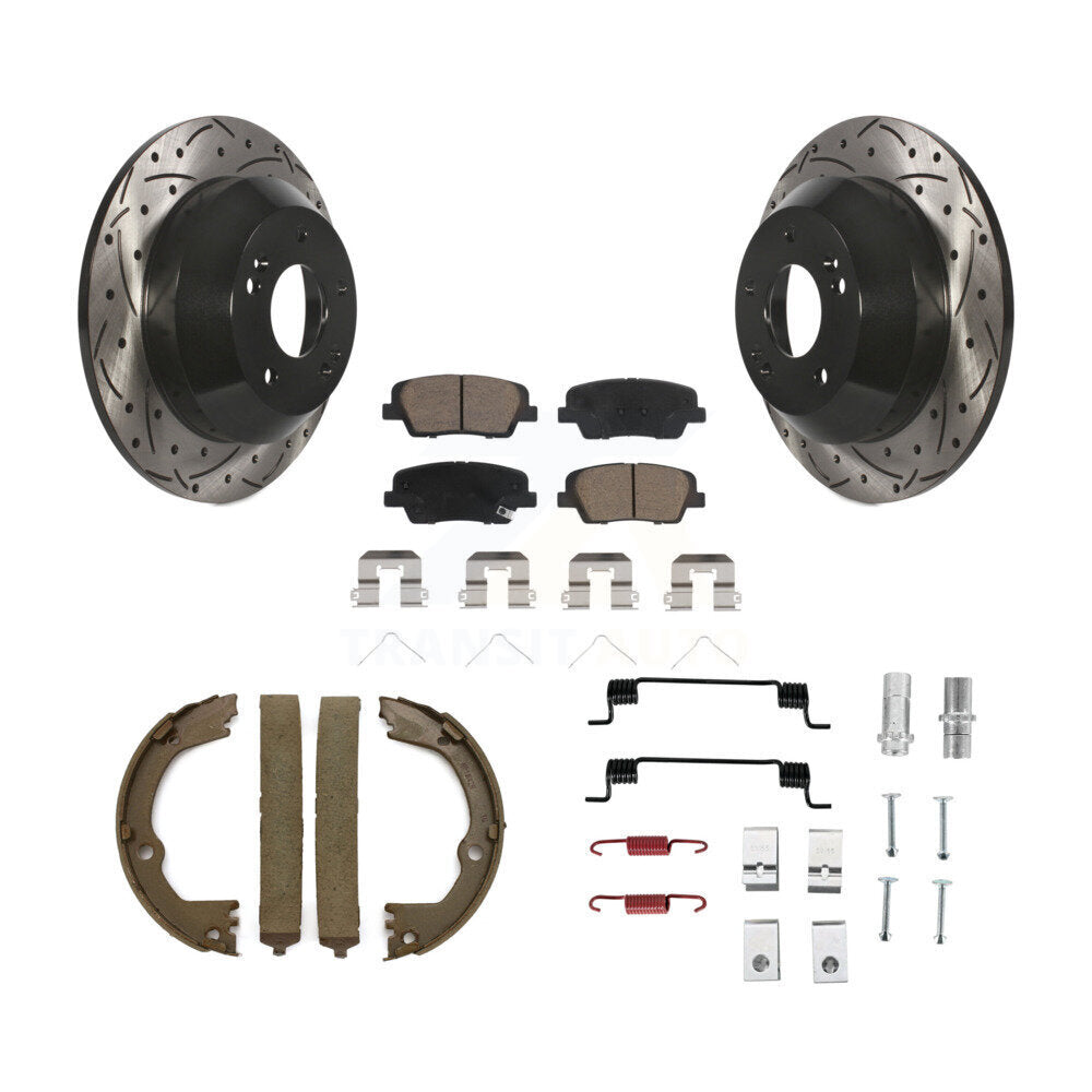 Rear Disc Drilled & Slotted Rotors Ceramic Pads Parking Shoes Hardware Kit For Hyundai Fe KDC-101600