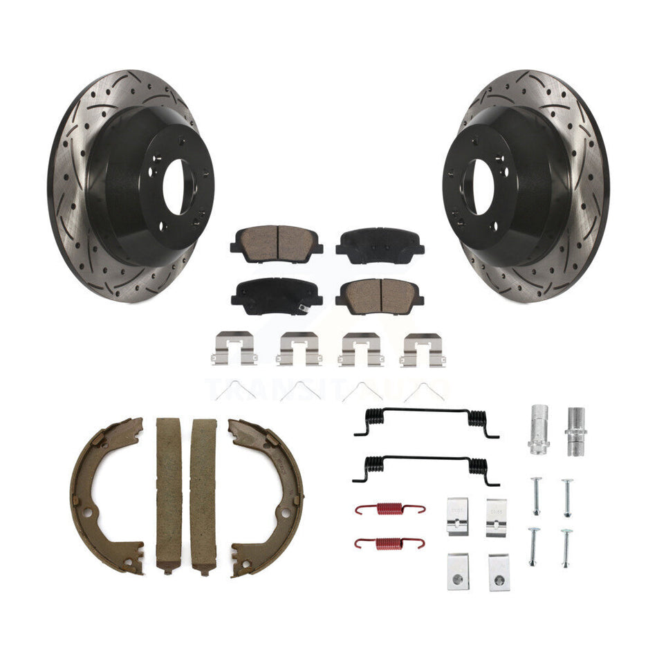 Rear Disc Drilled & Slotted Rotors Ceramic Pads Parking Shoes Hardware Kit For Hyundai Fe KDC-101600