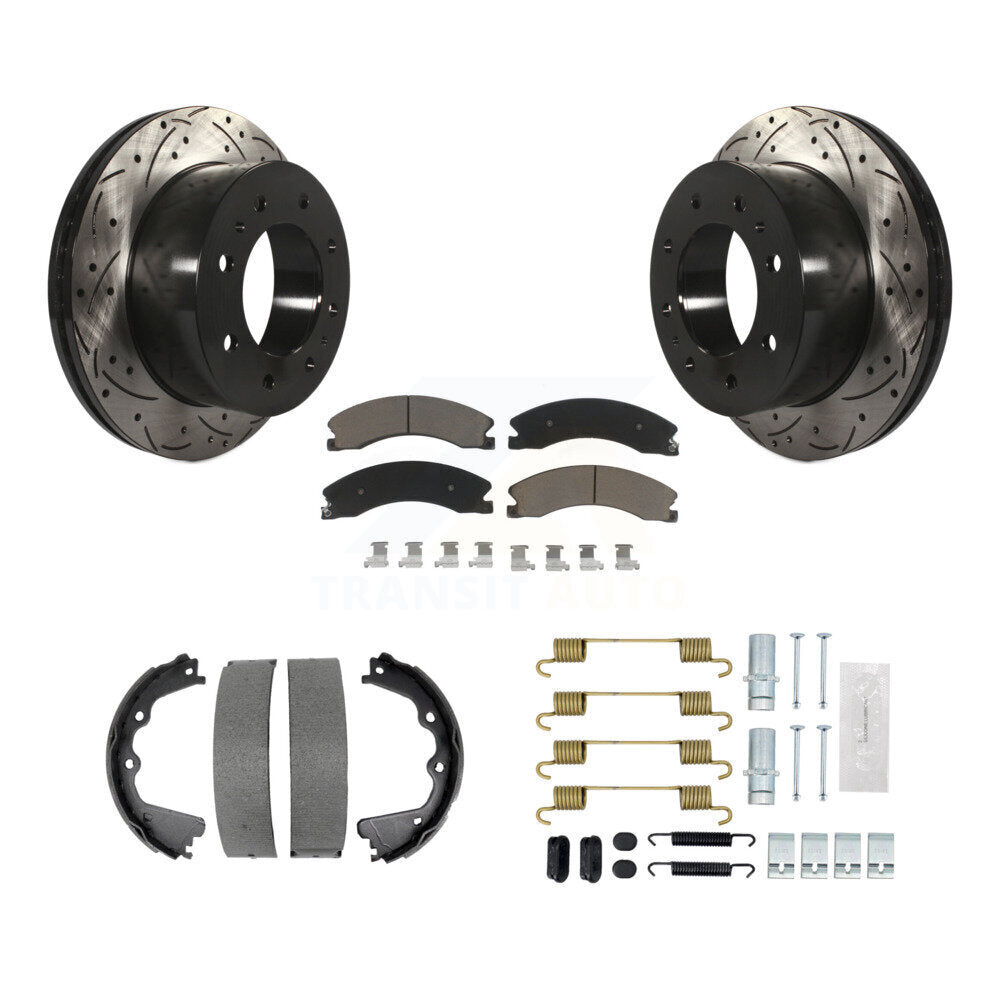 Rear Disc Drilled & Slotted Rotors Ceramic Pads Parking Shoes Hardware Kit For GMC Sierra KDC-101605