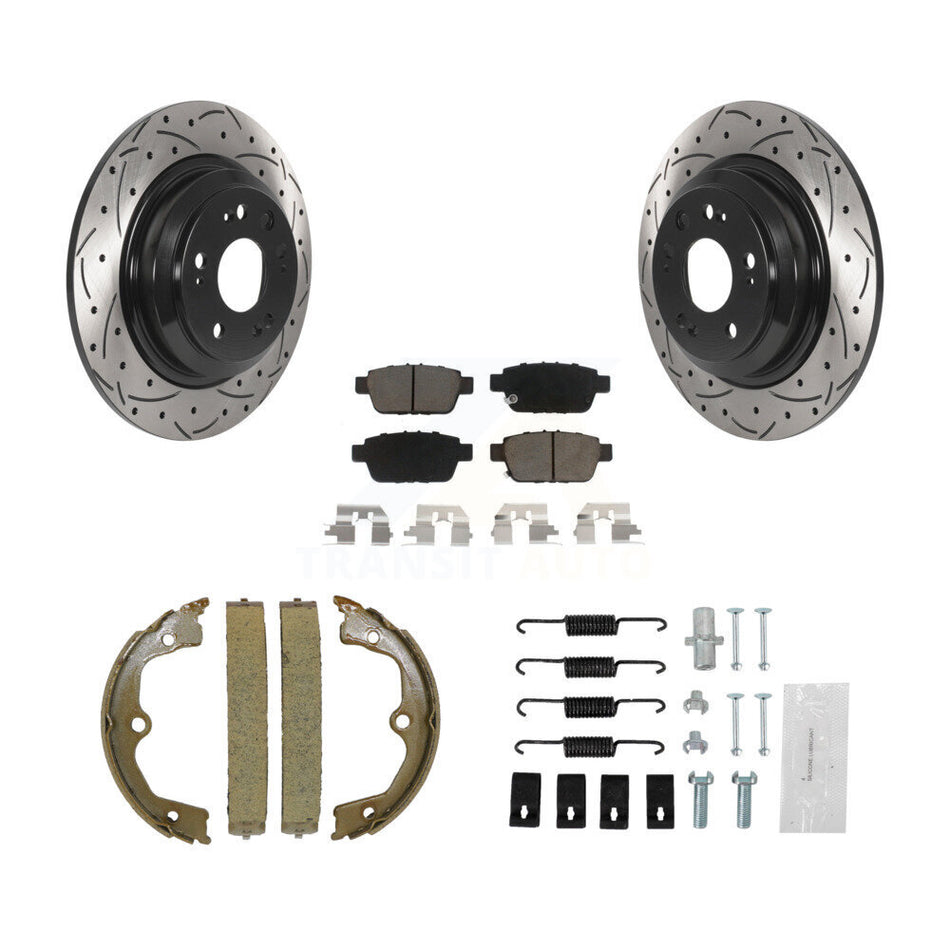Rear Disc Drilled & Slotted Rotors Ceramic Pads Parking Shoes Hardware Kit For Acura TL KDC-101608