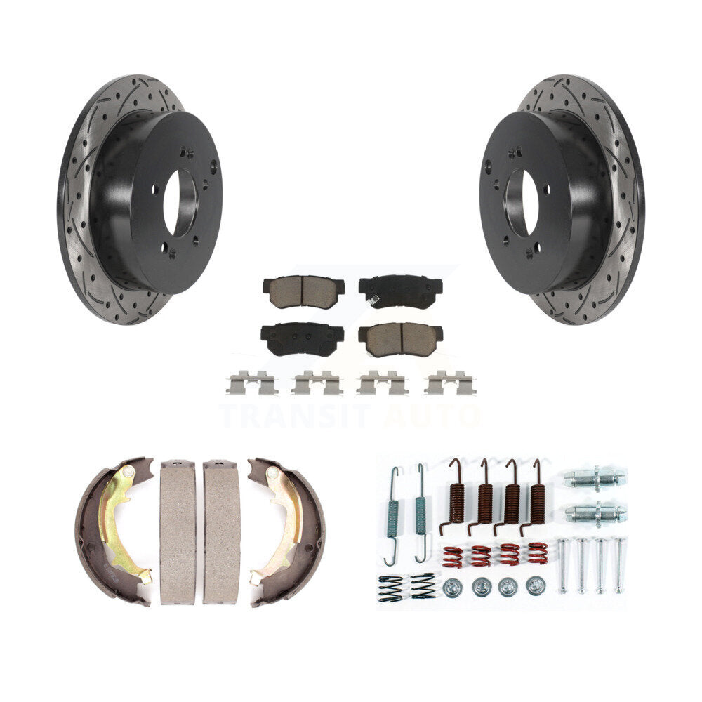 Rear Disc Drilled & Slotted Rotors Ceramic Pads Parking Brake Shoes And Hardware Kit For KDC-101609