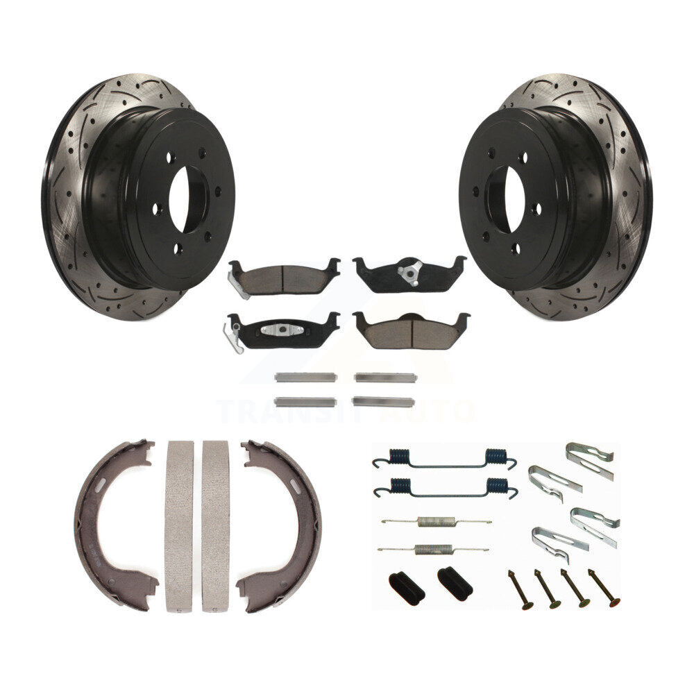 Rear Disc Drilled & Slotted Rotors Ceramic Pads Parking Shoes Hardware Kit For Ford F-150 KDC-101610