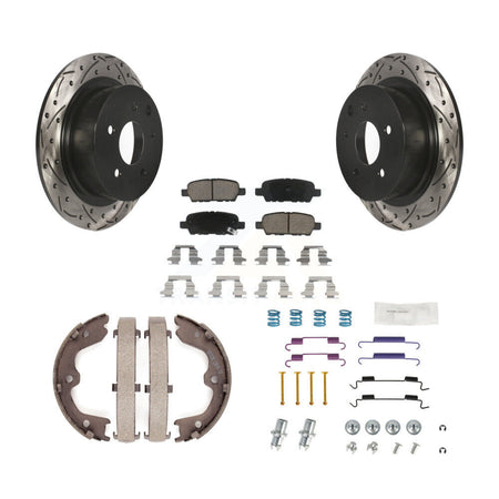 Rear Disc Drilled & Slotted Rotors Ceramic Pads Parking Brake Shoes And Hardware Kit For KDC-101614