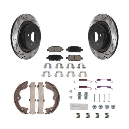 Rear Disc Drilled & Slotted Rotors Ceramic Pads Parking Shoes Hardware Kit For INFINITI KDC-101615