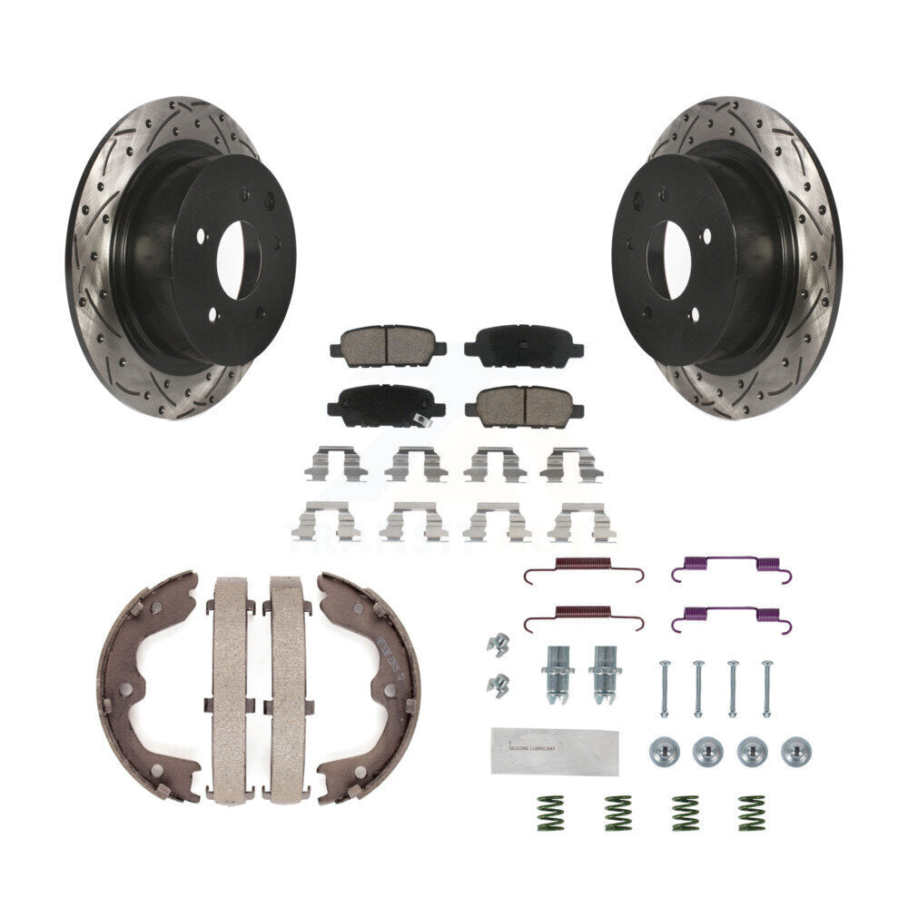 Rear Disc Drilled & Slotted Rotors Ceramic Pads Parking Shoes And Hardware Kit For Nissan KDC-101616