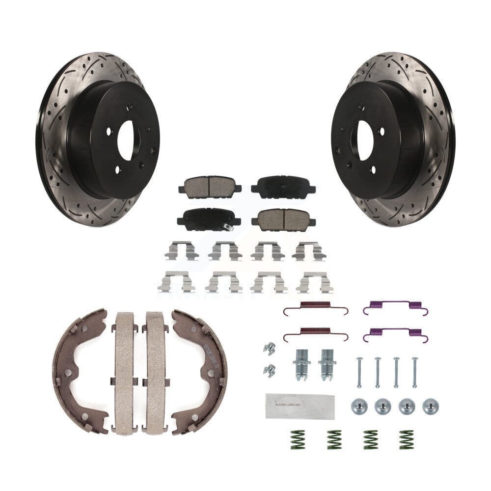Rear Disc Drilled & Slotted Rotors Ceramic Pads Parking Shoes Hardware Kit For INFINITI KDC-101618