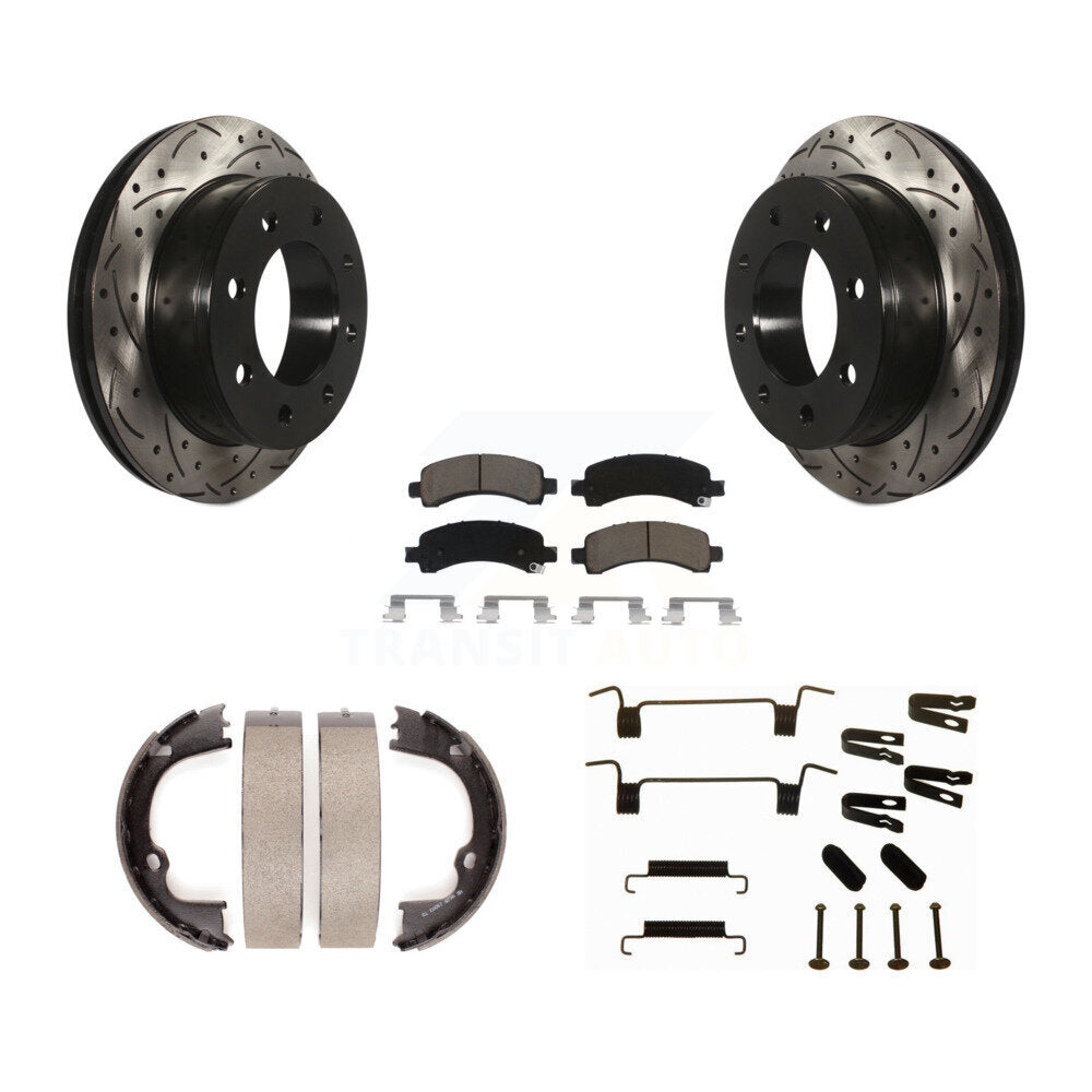 Rear Disc Drilled & Slotted Rotors Ceramic Pads Parking Shoes Hardware Kit For Chevrolet KDC-101621
