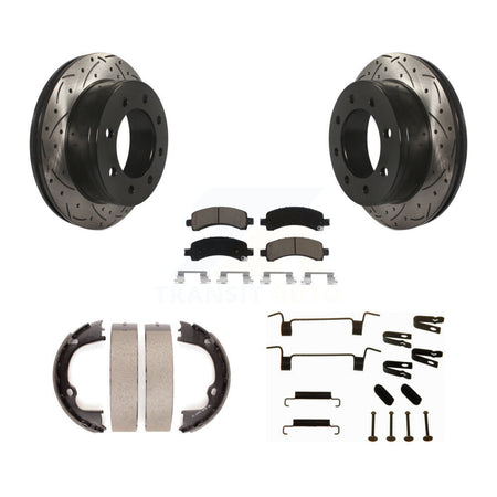 Rear Disc Drilled & Slotted Rotors Ceramic Pads Parking Shoes Hardware Kit For Chevrolet KDC-101622