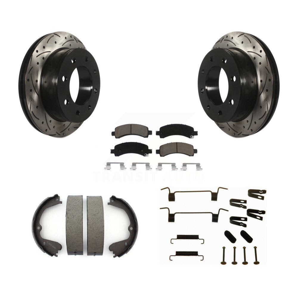 Rear Disc Drilled & Slotted Rotors Ceramic Pads Parking Brake Shoes And Hardware Kit For KDC-101623