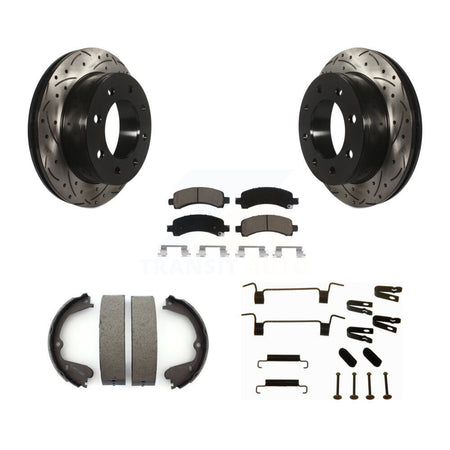 Rear Disc Drilled & Slotted Rotors Ceramic Pads Parking Brake Shoes And Hardware Kit For KDC-101623
