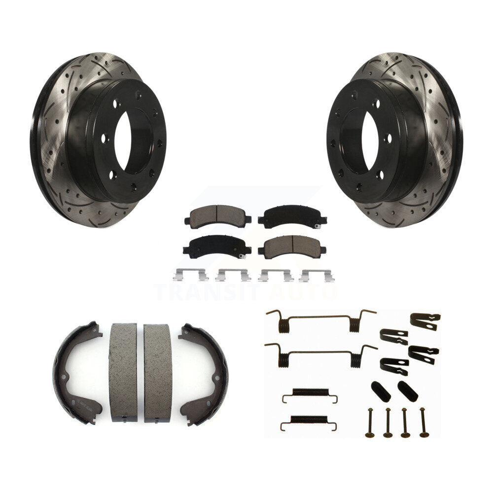 Rear Disc Drilled & Slotted Rotors Ceramic Pads Parking Brake Shoes And Hardware Kit For KDC-101624